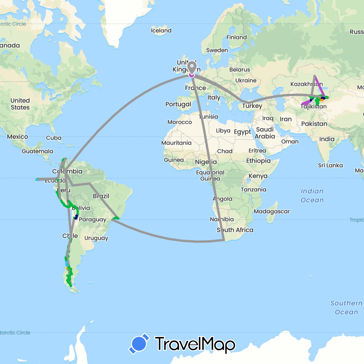TravelMap itinerary: driving, bus, plane, train, hiking, boat, hitchhiking, horse in Argentina, Bolivia, Brazil, Chile, Colombia, Ecuador, United Kingdom, Kyrgyzstan, Kazakhstan, Peru, Turkey, Uzbekistan, South Africa (Africa, Asia, Europe, South America)